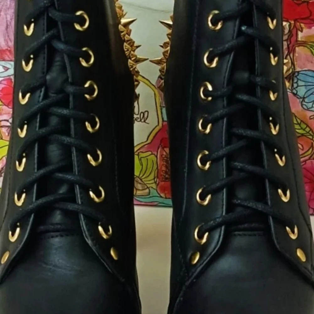Jeffrey Campbell LITA Black Leather Gold Spikes Booties Size 6 - Picture 10 of 13
